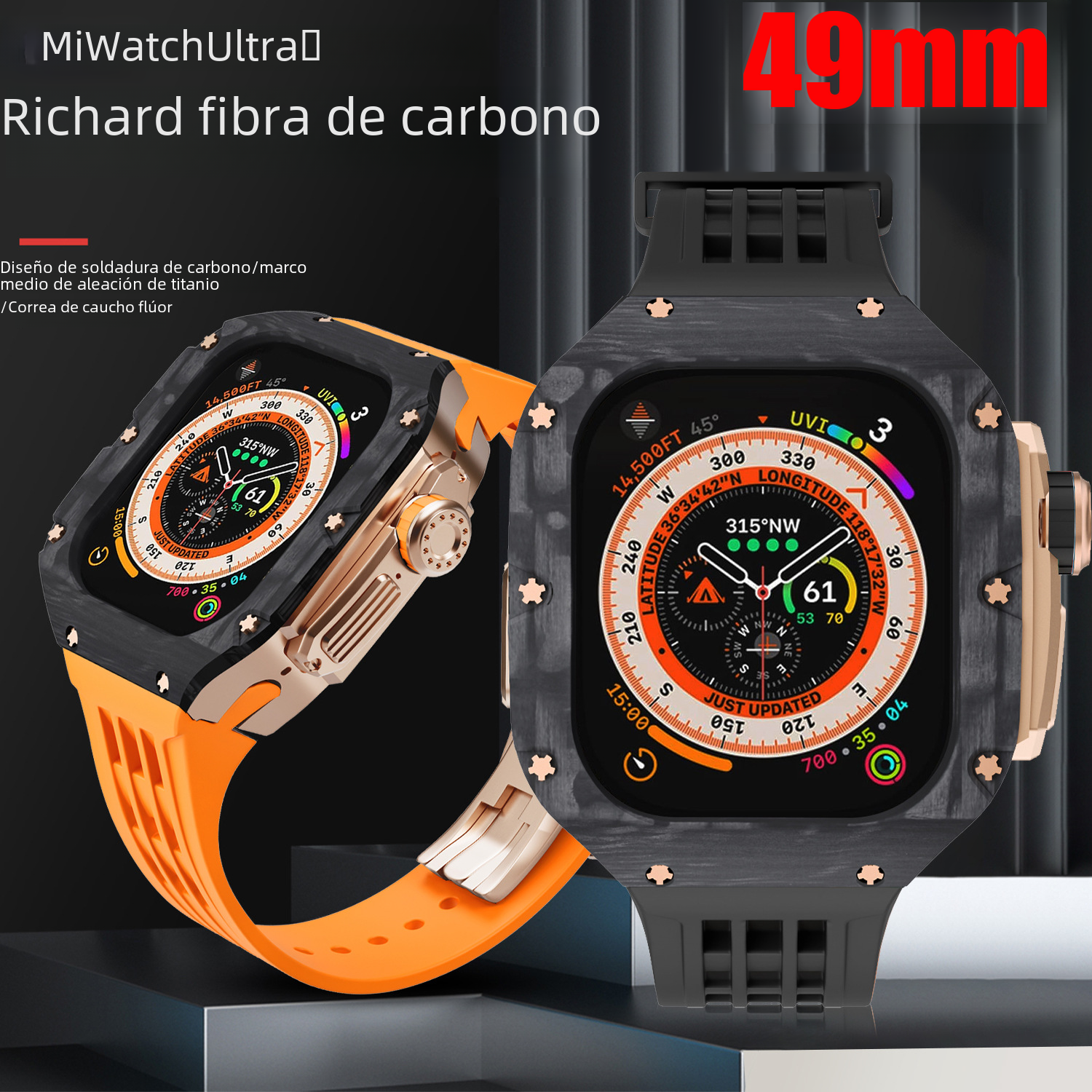 Caja de reloj de fibra de carbono Compatible con reloj carcasa protectora de una sola pieza de aleación de titanio Ultra 49mm