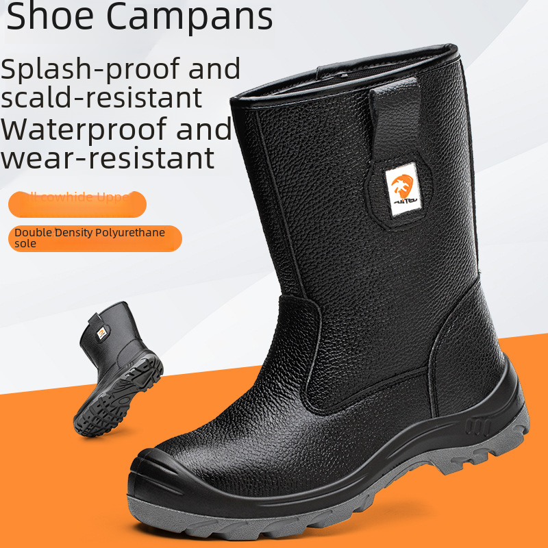 Mid-calf cowhide protective boots, oil-resistant, solid sole, anti-puncture and anti-impact safety work shoes, waterproof and wear-resistant work boots.