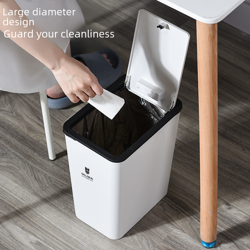 Household square trash bin with lid, flip-top model, suitable for office, bathroom, hotel, general use, push-to-open lid