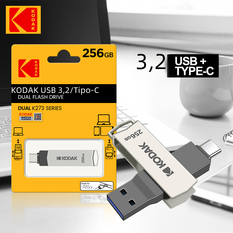 Kodak de alta velocidad USB disco flash al por mayor 3,2 interfaz de tipo C teléfono móvil computadora de doble uso 256G almacenamiento USB flash disco 128g