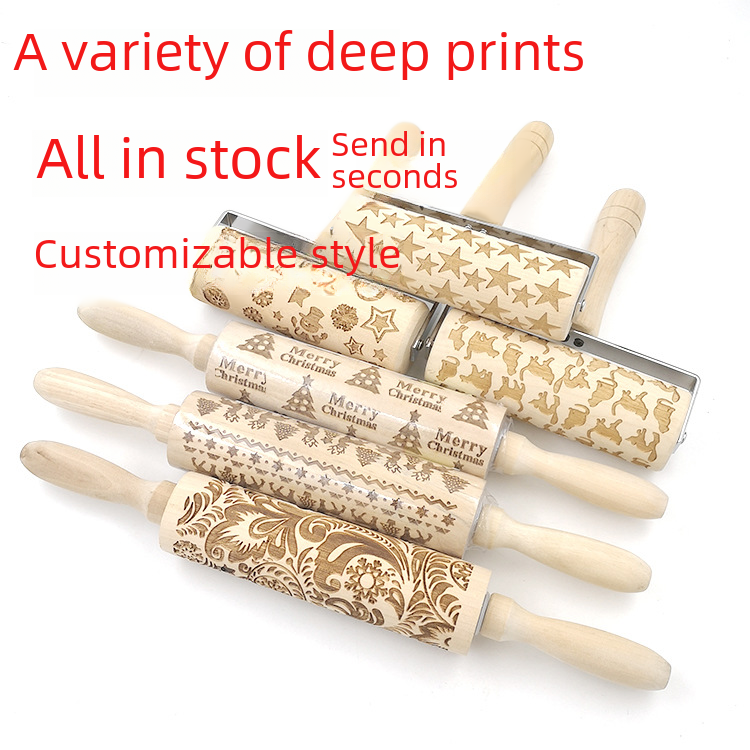 Bestselling Christmas Reindeer Print Rolling Pin Laser Engraved Wooden Rolling Pin Baking Flower Cookie Mold