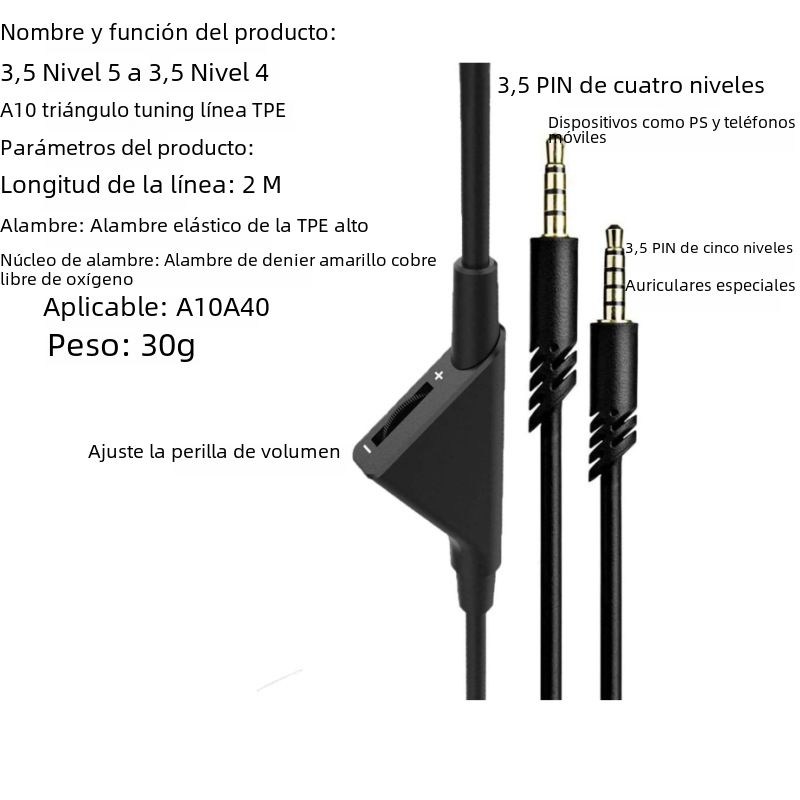 Aplicable a astro A10 A40 auricular cable de audio tono ajustable TPE volumen tamaño adaptador cable