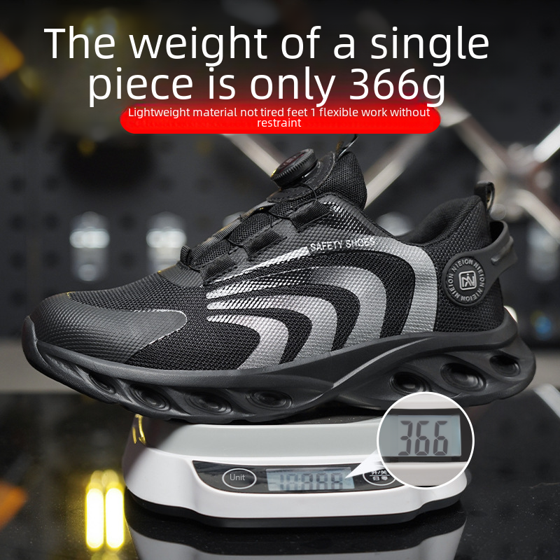 New rotating buckle safety shoes, anti-punching and anti-piercing, rubber-plastic soles, lightweight, no laces, air mesh work shoes.