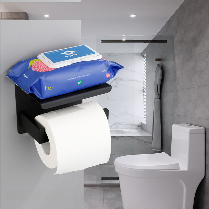 Home Black Bathroom Toilet Bathroom Tissue Holder Stainless Steel Phone Roll Tissue Holder No Drill Toilet Paper Holder