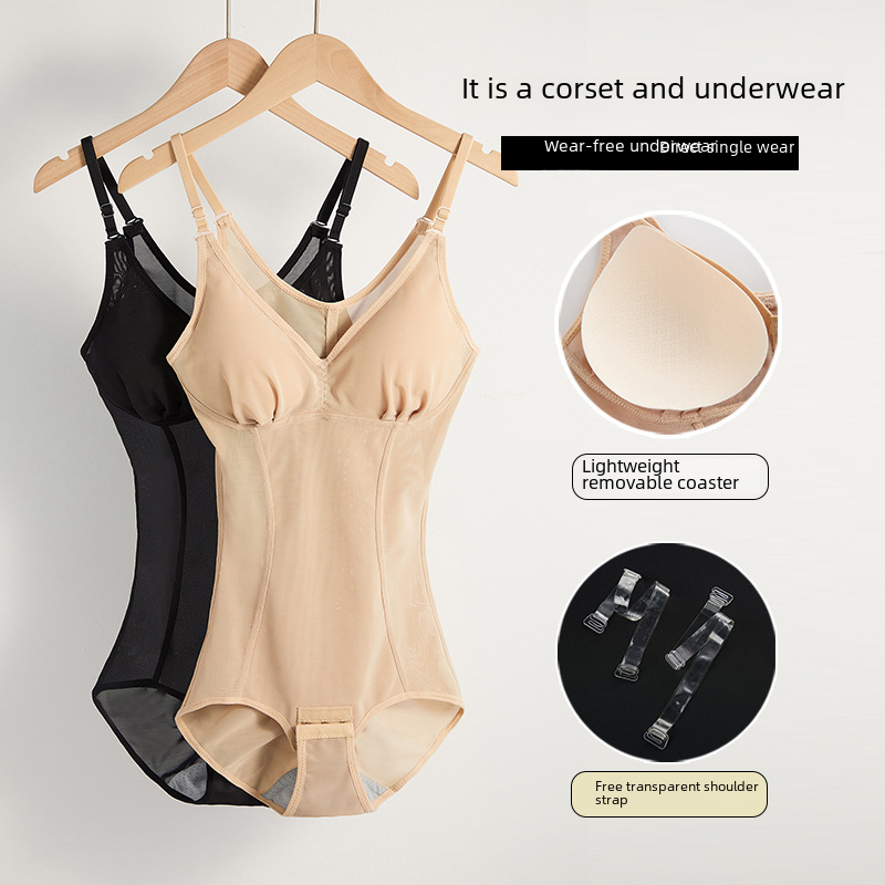 Amazon thin strap bandeau body shaping suit with adjustable waist, removable and strapless bra-free shapewear
