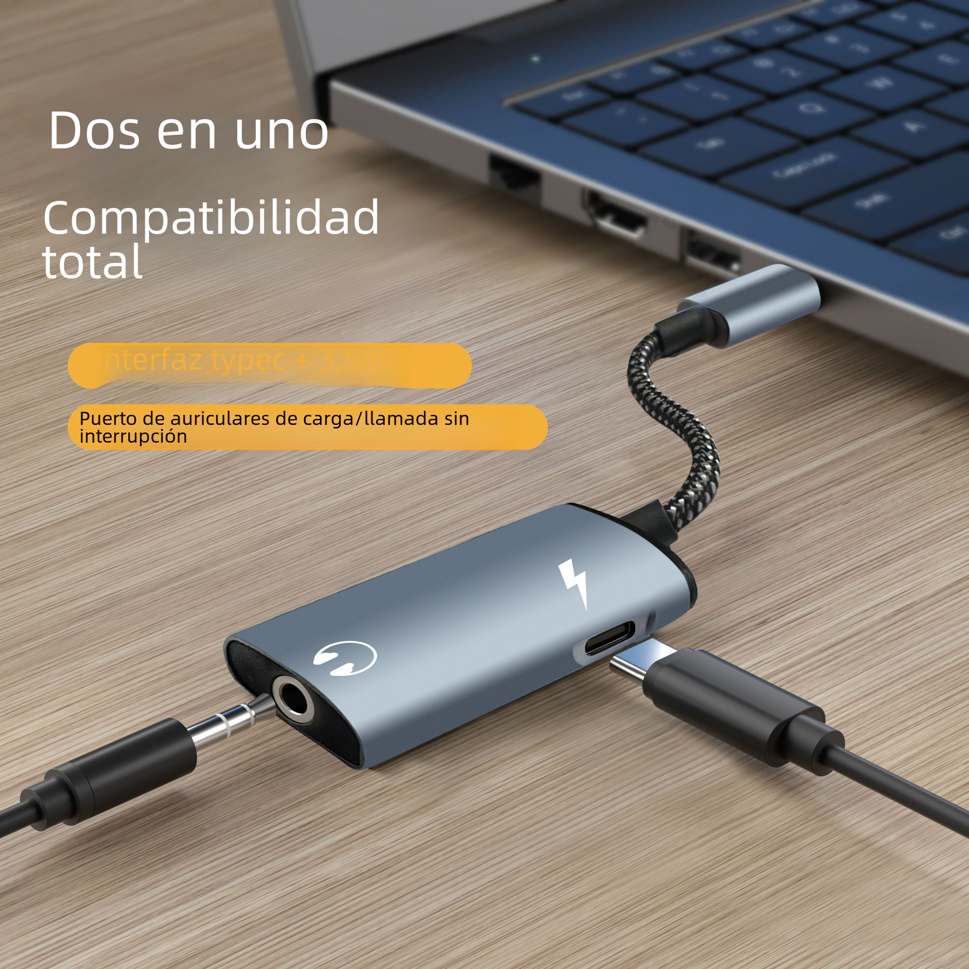 Aplicable a tipo-c digital DAC de audio a 3,5mm adaptador de dos en una llamada de carga rápida compatible con el cable adaptador PD