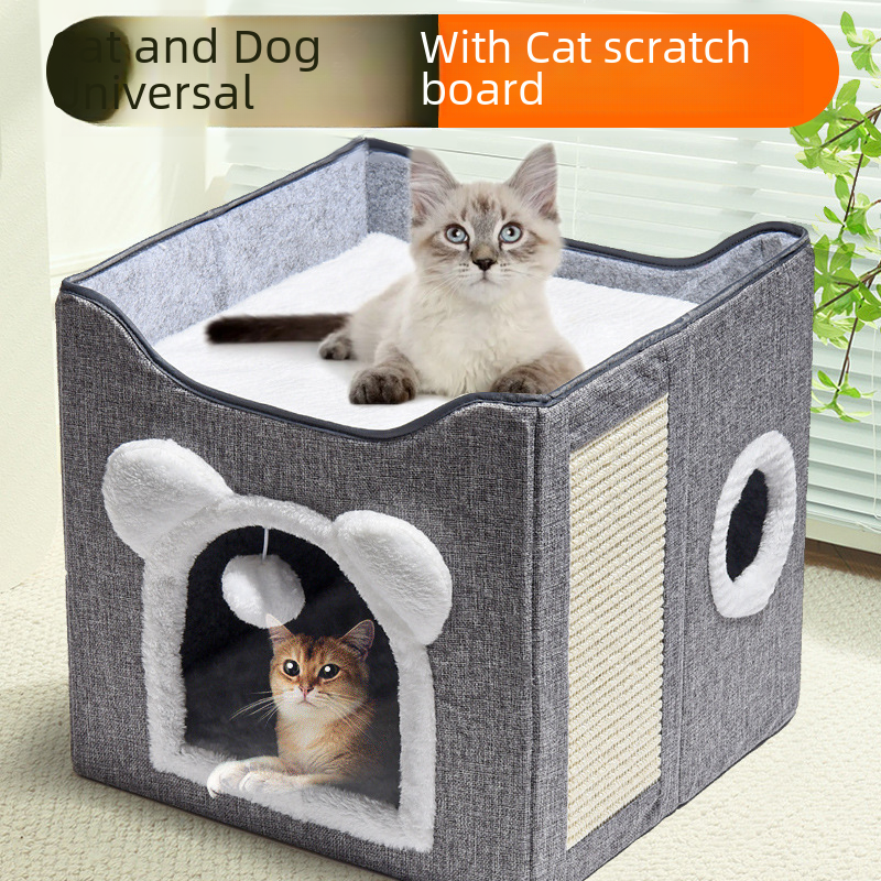 Pet Cat Bed Four Seasons Universal Winter Warmth Folding Closed Easy to Clean Double Layer Two Large Size Cats Can Dig House