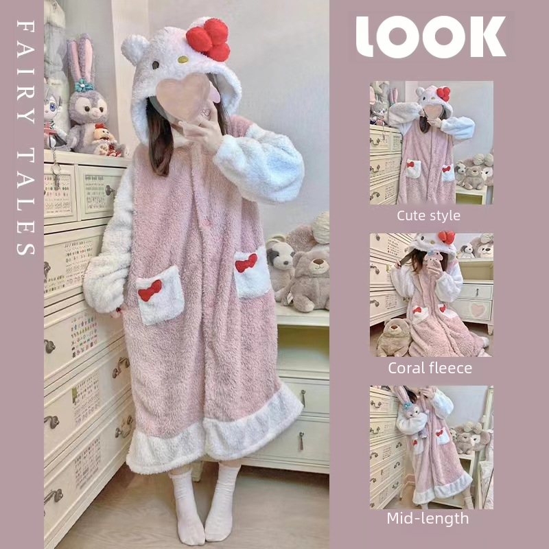 hellokitty pajamas women's autumn and winter coral velvet plus velvet thickening can be worn outside Hello Kitty pajamas long set