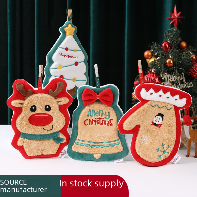 Christmas Washable Hooked Cross-border New Product Coral Fleece Water-absorbent Quick-dry Hand Wipes Kitchen Bathroom Hand Towel Hook