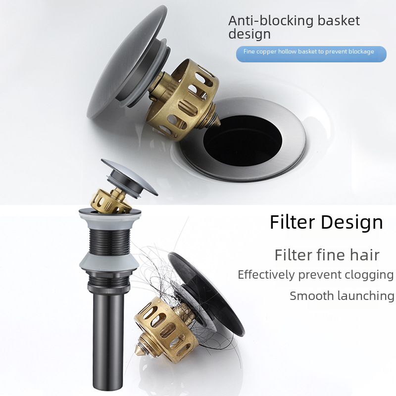 All-copper washbasin with basket, pop-up drop-in drain, wall-mounted, anti-odor sewer pipe accessories set