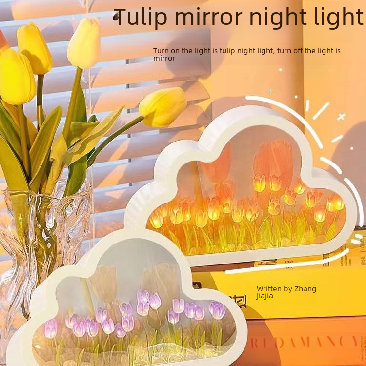 Hollywood DIY Cloud Tulip Mirror Night Light, Deep Sea Flower Sea Mirror Light Ornament for Girlfriend, Qixi Gift