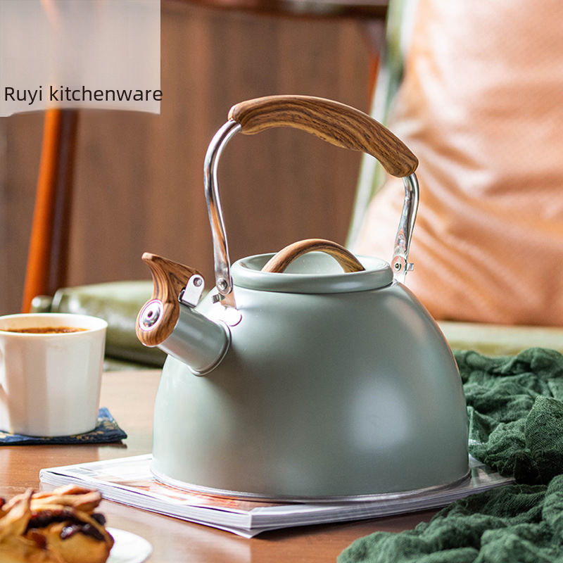 Cross-border new shallow green spray-painted whistling kettle for boiling water, tea and coffee, European and American style whistle kettle, 3L lightweight luxury kitchenware with flat bottom