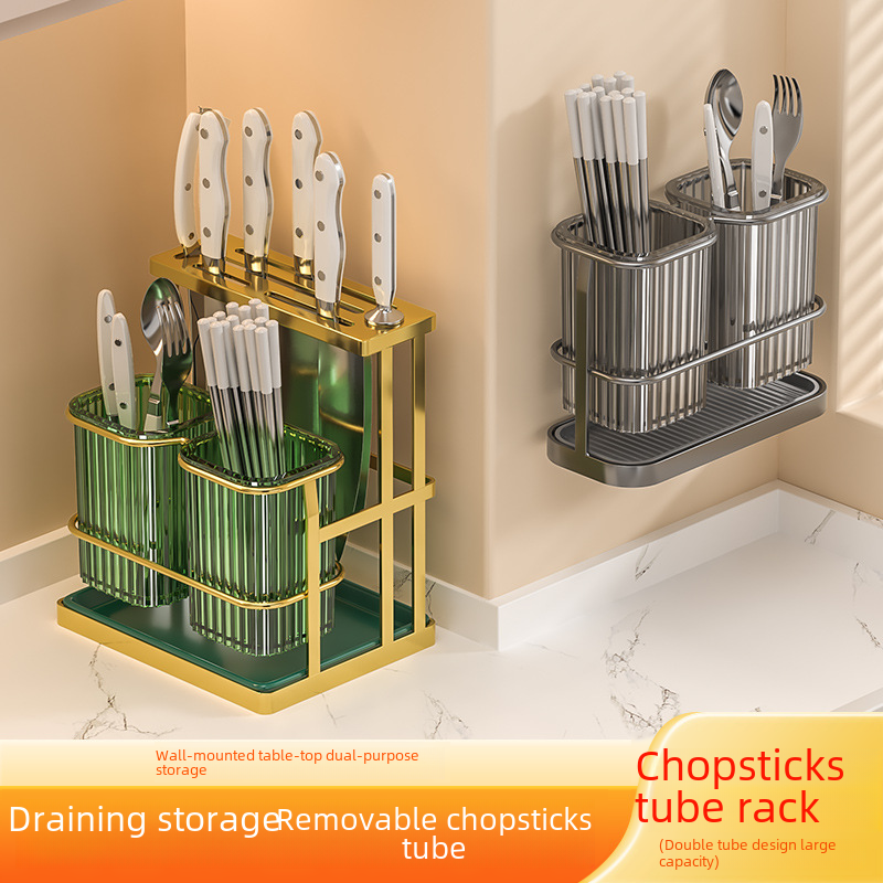 Multifunctional Countertop Storage Rack for Kitchen Chopsticks, Spoons, Knives, Drainage Rack with Wall Mount, Lightweight Luxury Chopstick Holder