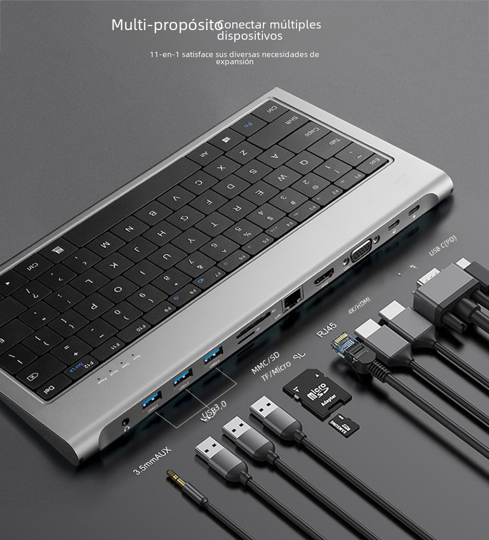 Teclado muelle de expansión 11-in-1typec estación de acoplamiento multi-función Hub Laptop Tablet teléfono móvil externo