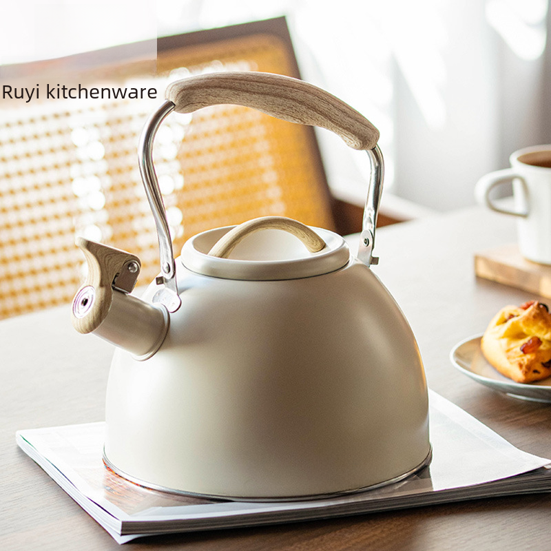 Cross-border European and American style new beige spray-painted whistling kettle for boiling water, tea brewing, and coffee making, 3L lightweight luxury kitchenware with flat bottom