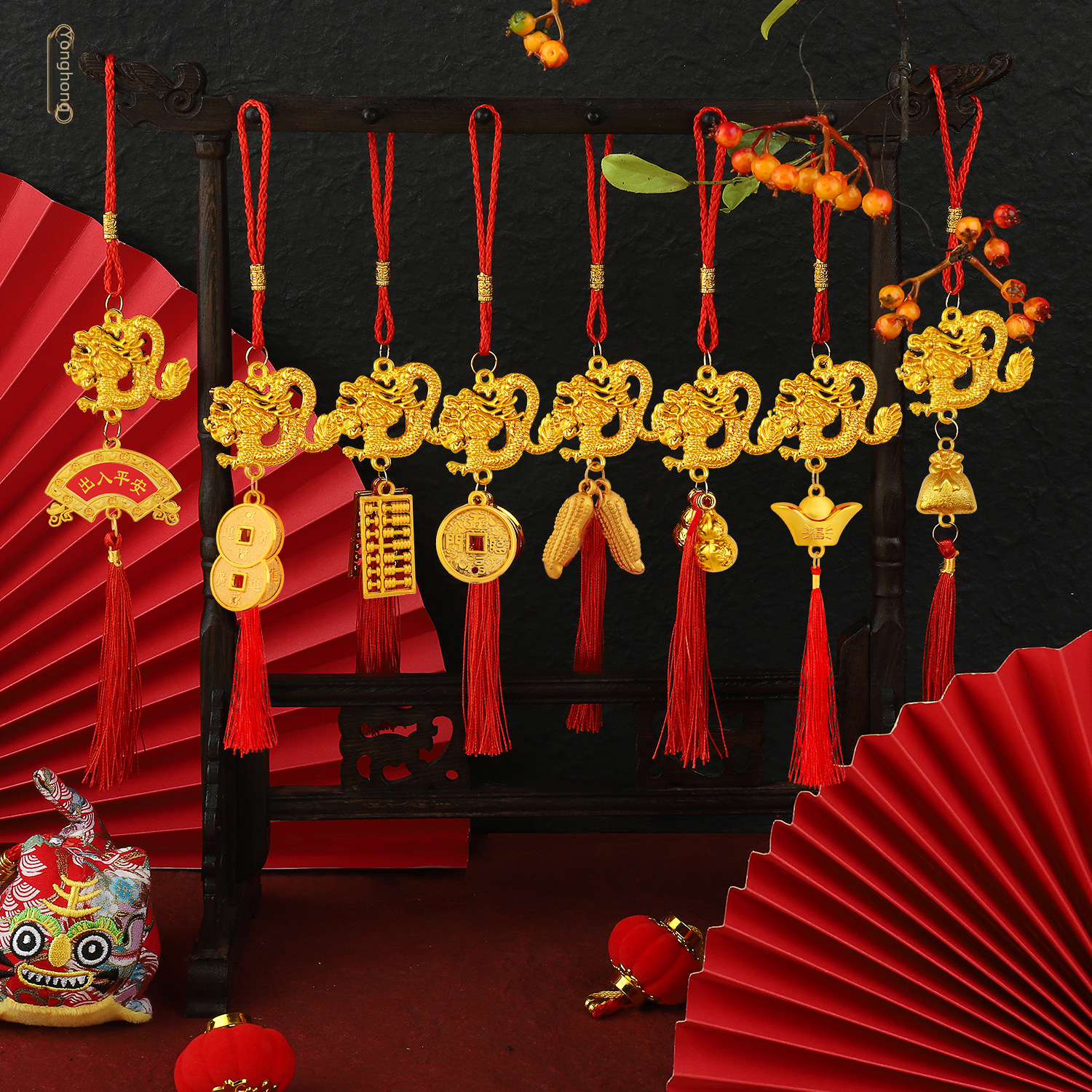 2024 Year of the Dragon New Year's Spring Festival Decoration New Year's Moving Celebration Potted Plant Small Pendant Golden Money-Attracting Indoor and Outdoor Hanging Decorations 