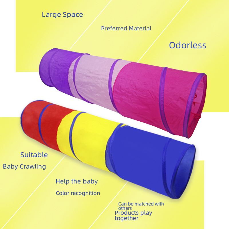 Children's Rainbow Crawling Tunnel Indoor Playhouse, Kids Outdoor Foldable Tent, Red Yellow Blue Three-Color Passage
