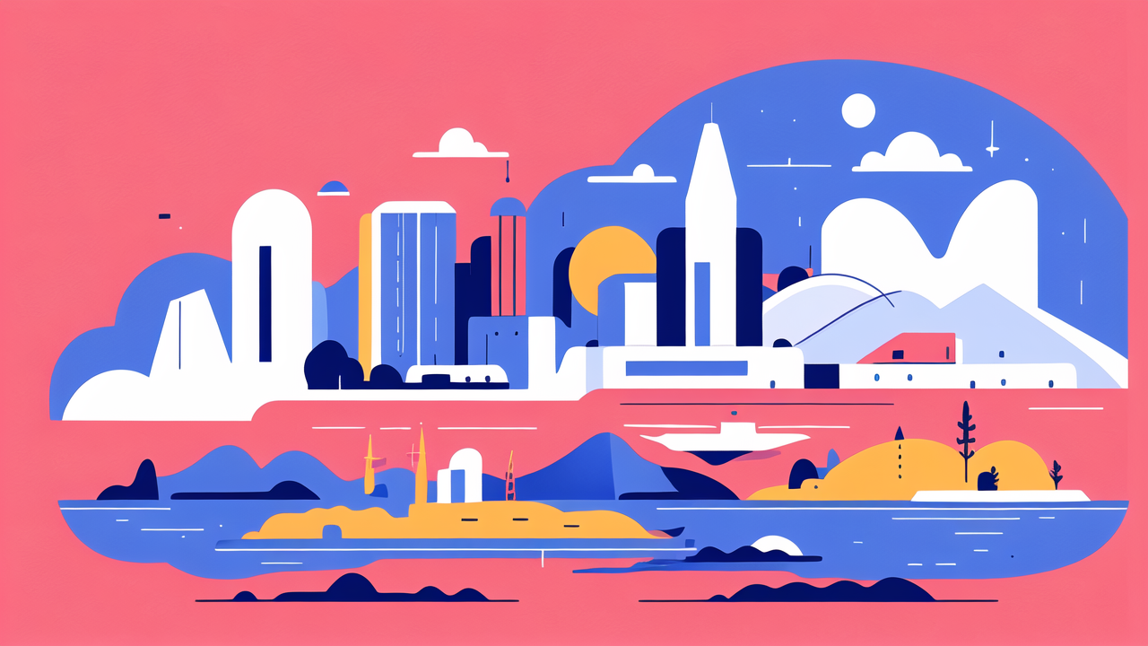 Vintage hiking boots in bold cityscape illustration, vibrant fashion footwear theme.