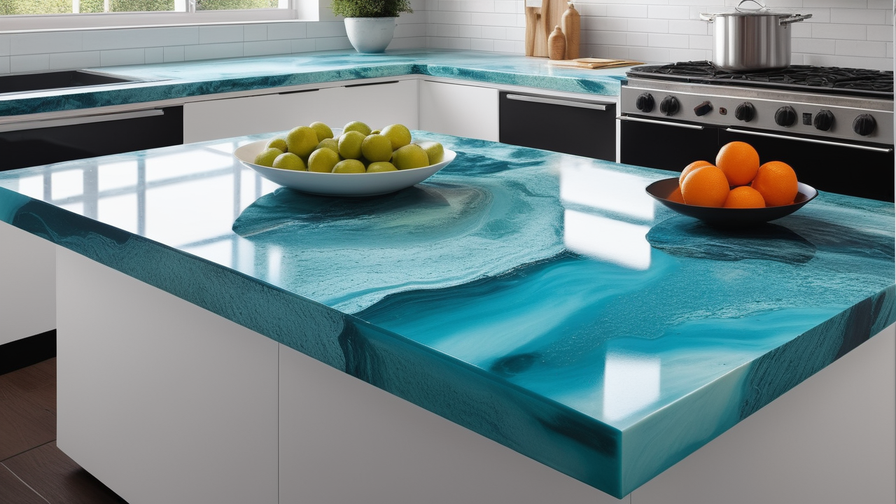 Modern kitchen with epoxy resin flooring and vibrant blue countertop
