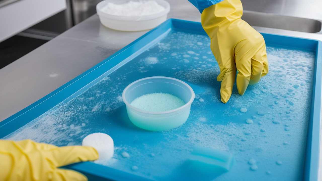 how to clean resin molds, Cleaning a resin mold in lab with yellow gloves, blue tray, and cleaning solution.