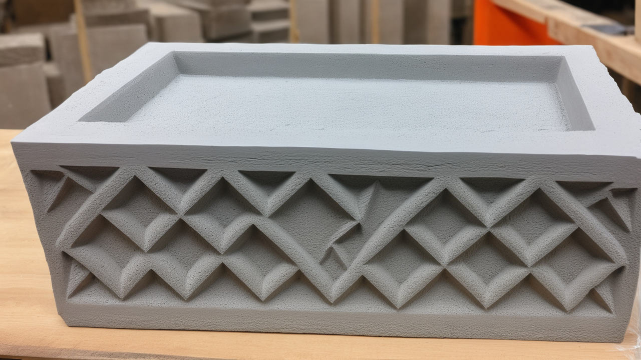 Person in apron using tool to clean cement molds on custom concrete molds tray