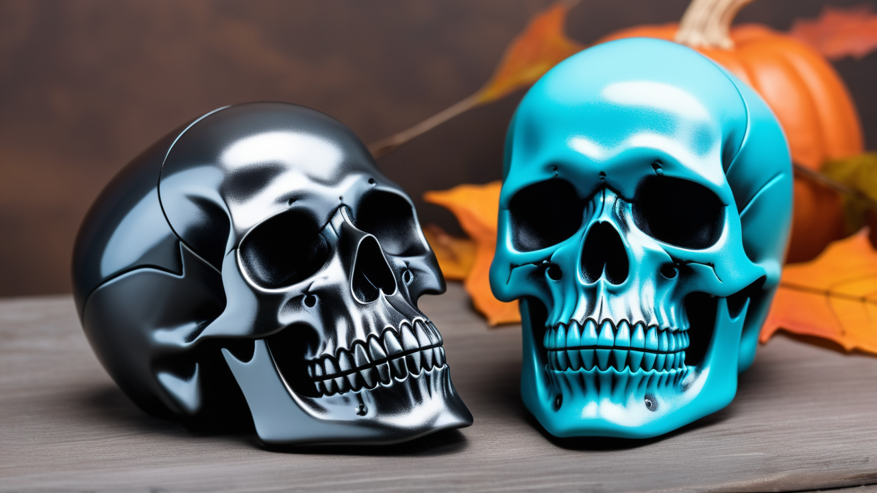 Black matte and vibrant blue glossy skull molds on wood with pumpkin and leaf.