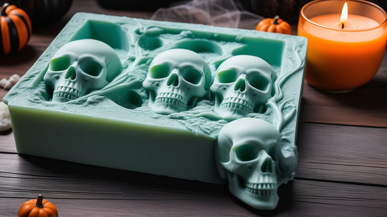 Skull Molds: four lit skull-shaped candles in white, green, and gold on gray surface