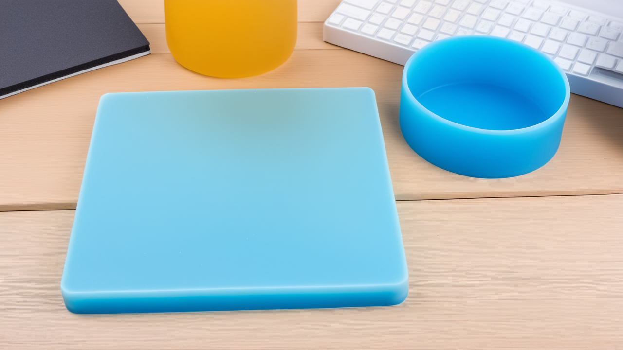 Silicone molds for resin coaster molds on a minimalistic blue-themed desk setup