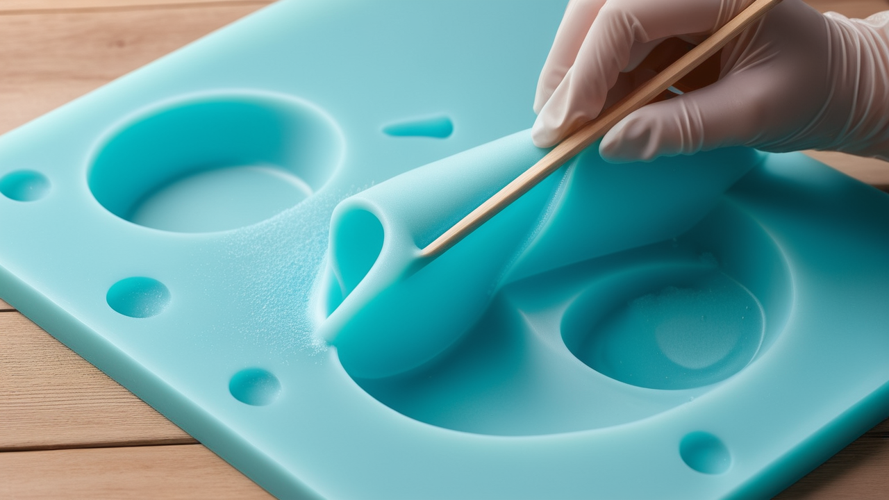 Person handling blue gel with spatula in Resin Casting Molds setup