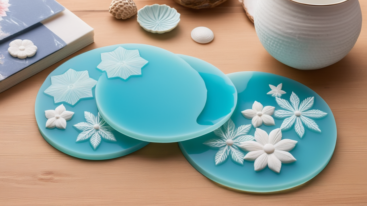 Translucent blue coasters with floral designs beside book, resin molds for rings.