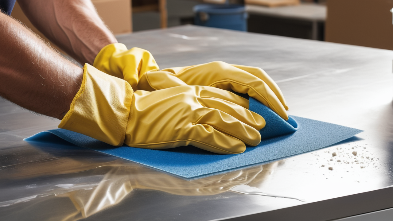 how to polish resin, Polish resin with yellow gloves and blue cloth for debris removal.