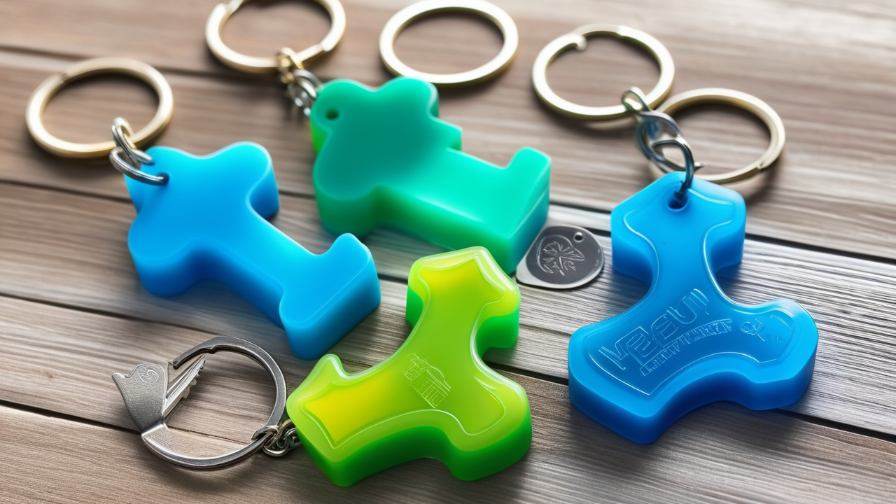 Resin keychains with heart designs and gold rings on white wooden surface.