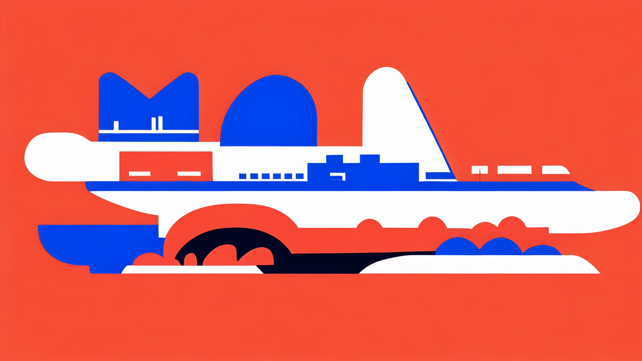 Versatile Shoes cityscape illustration with blue and white geometric buildings, red backdrop