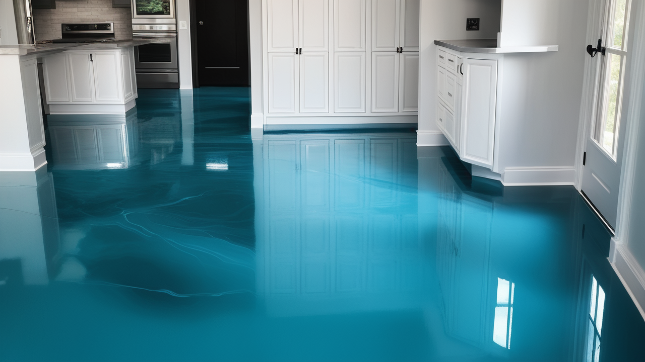 Epoxy Kits application on epoxy-coated floor with blue brush and safety markings.