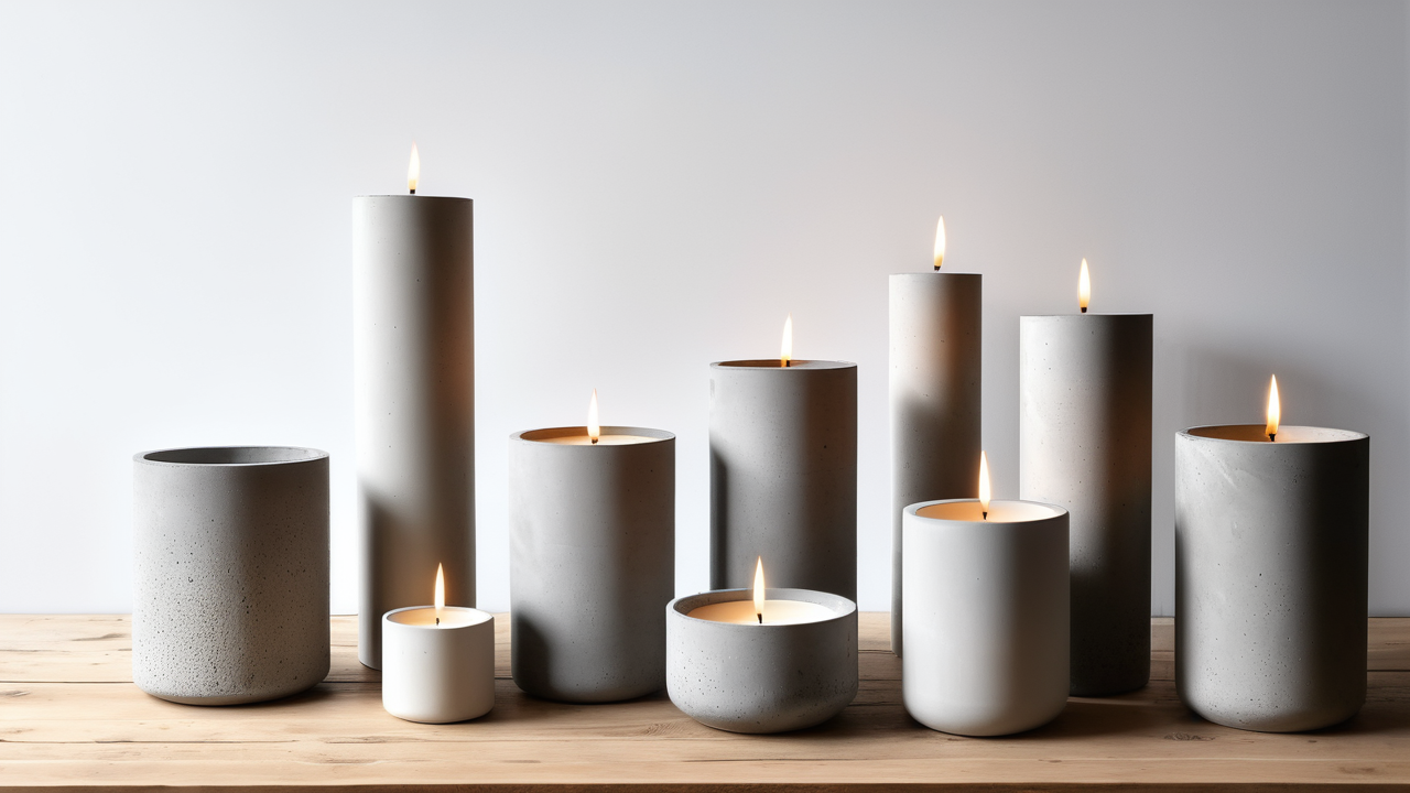 Collection of concrete candle molds on wooden surface with gradient color candles
