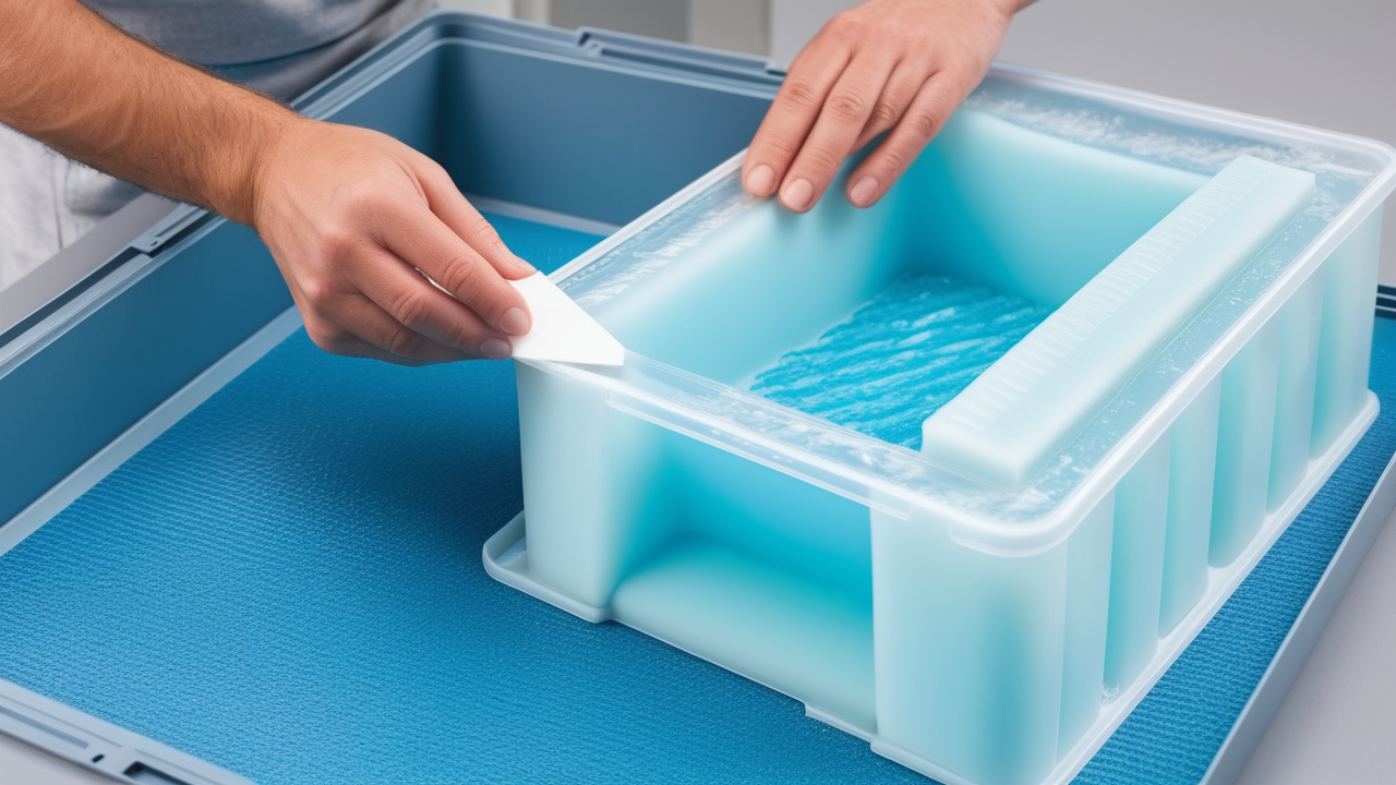 Person using tool to handle vibrant blue glass near resin casting molds workshop.