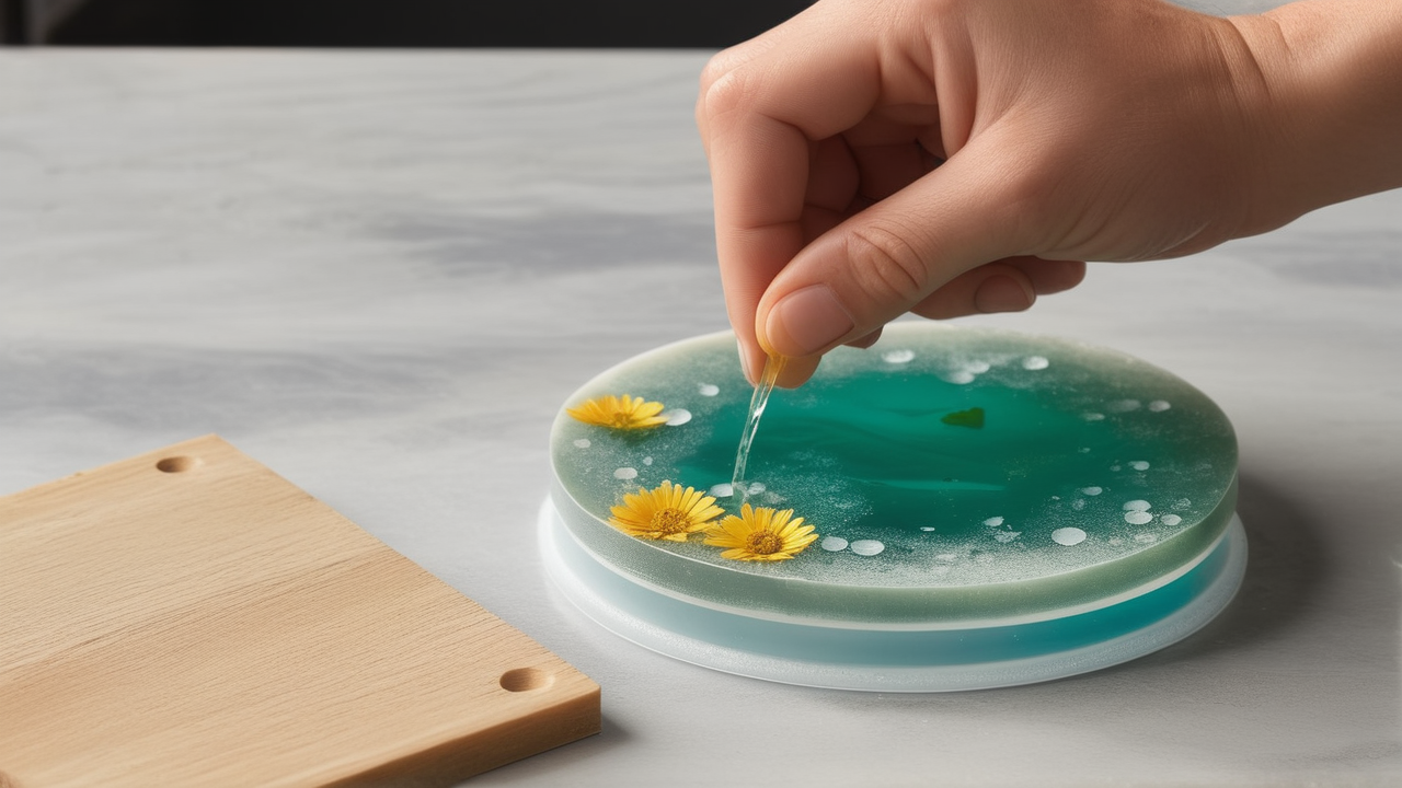 resin molds, Person pressing green silicone resin mold on blue base with gear-like pattern.