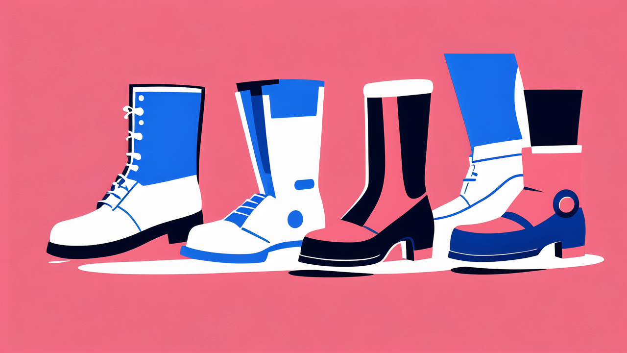 sustainable pants, Manner Boots displayed on pink background; diverse designs and colors.