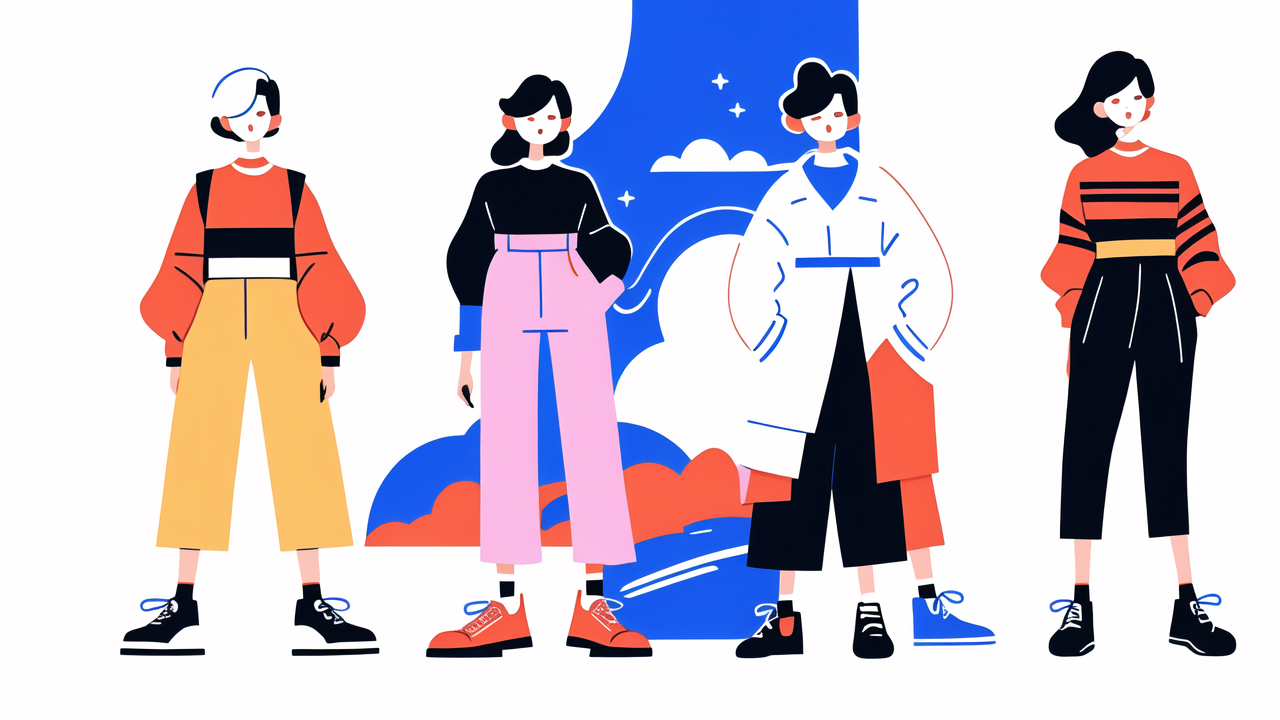 Vintage Boots fashion illustration with diverse styles under a dreamy sky.