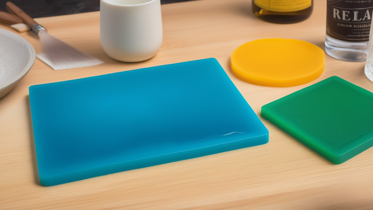 how to make resin coasters, Resin coasters guide with cutting boards, plates, and silicone molds on countertop.