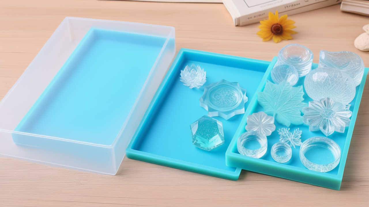 Crystal resin molds in clear box with shapes like flowers and leaves on wooden surface