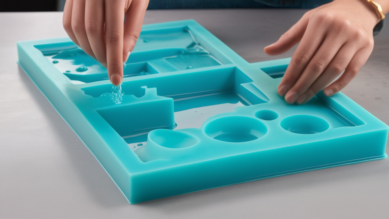 small resin molds, Blue silicone soap mold with leaf design, white roses, daisy, on wooden surface.