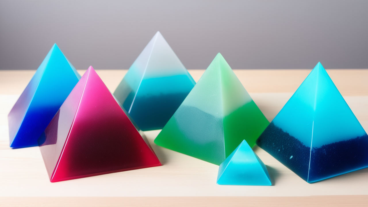 resin vase mold, Resin Pyramid Mold collection with colorful gradient on light wooden surface
