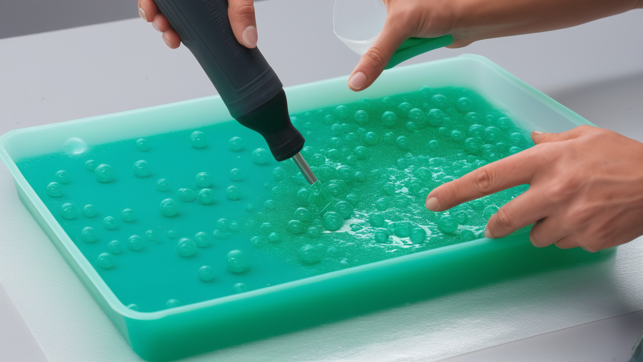 resin mold, Person using syringe with liquid into green gel in Resin bead molds tray