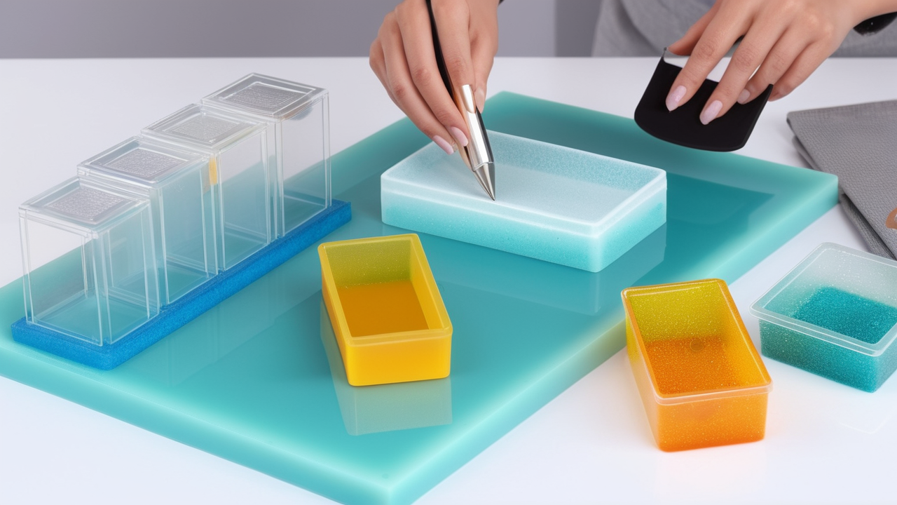 epoxy molds, Cleaning supplies assortment with blue containers and colorful bottles
