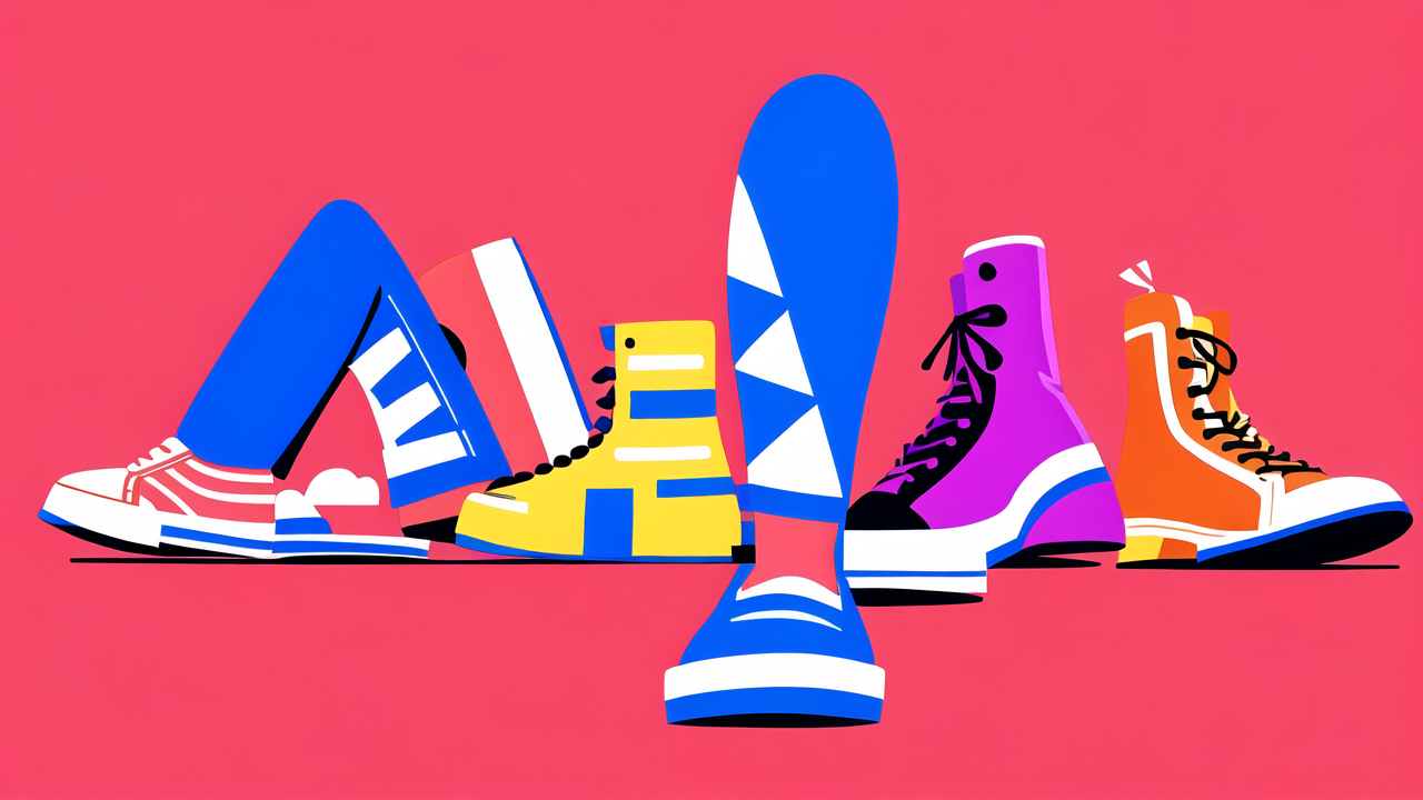 Vibrant collection of fashion shoes on bold pink background, showcasing unique designs.
