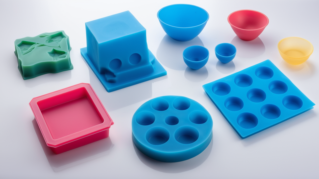 Colorful silicone molds and resin molds in various shapes on a white surface