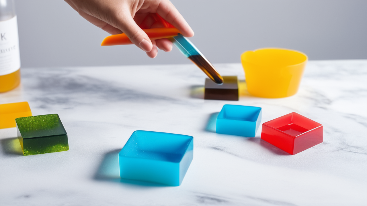 Blue molds for resin arranged diagonally on a white background