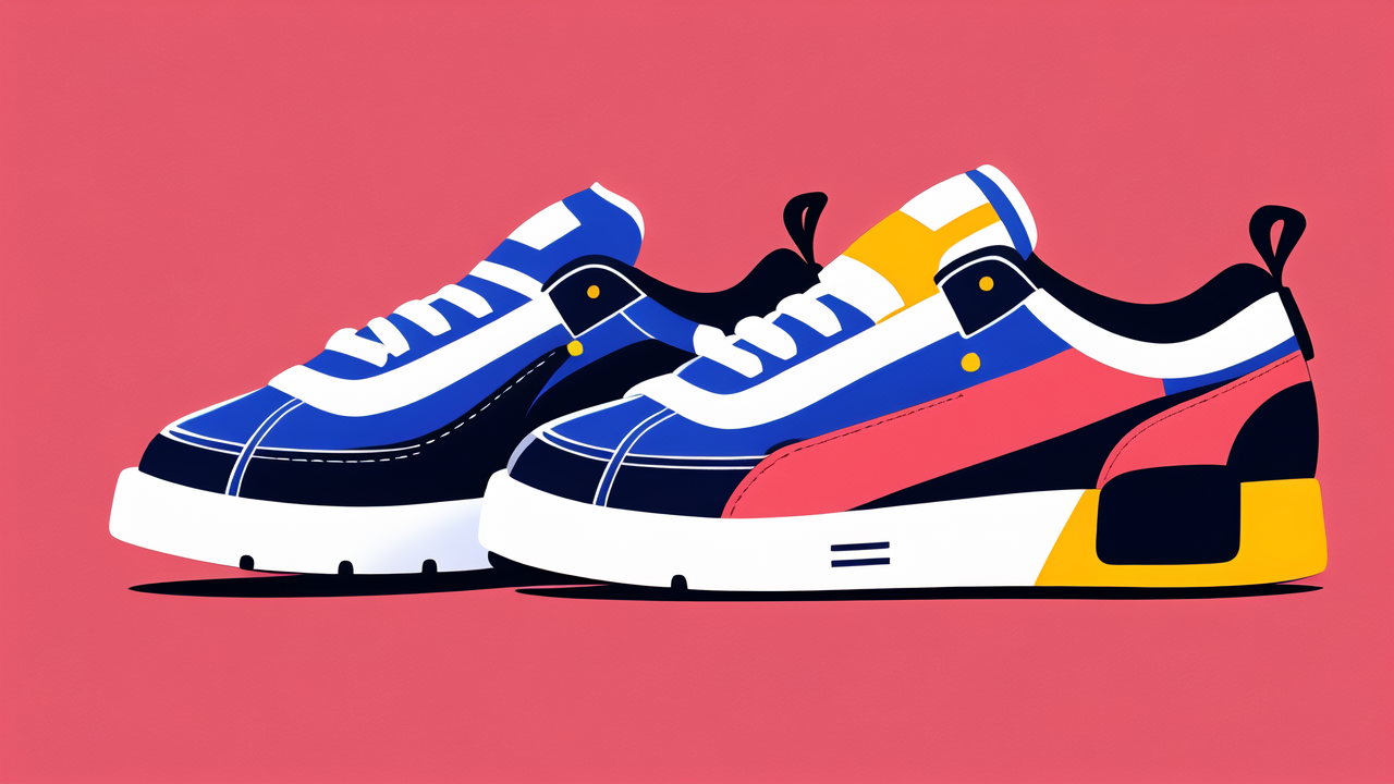 Triboots shoes in blue and white, modern sneakers with yellow accents on pink background
