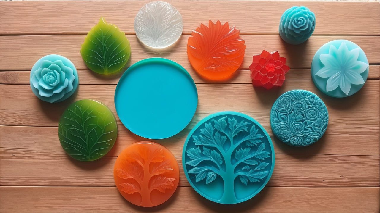 Silicone resin molds with vibrant designs on a wooden surface; includes resin coaster molds.